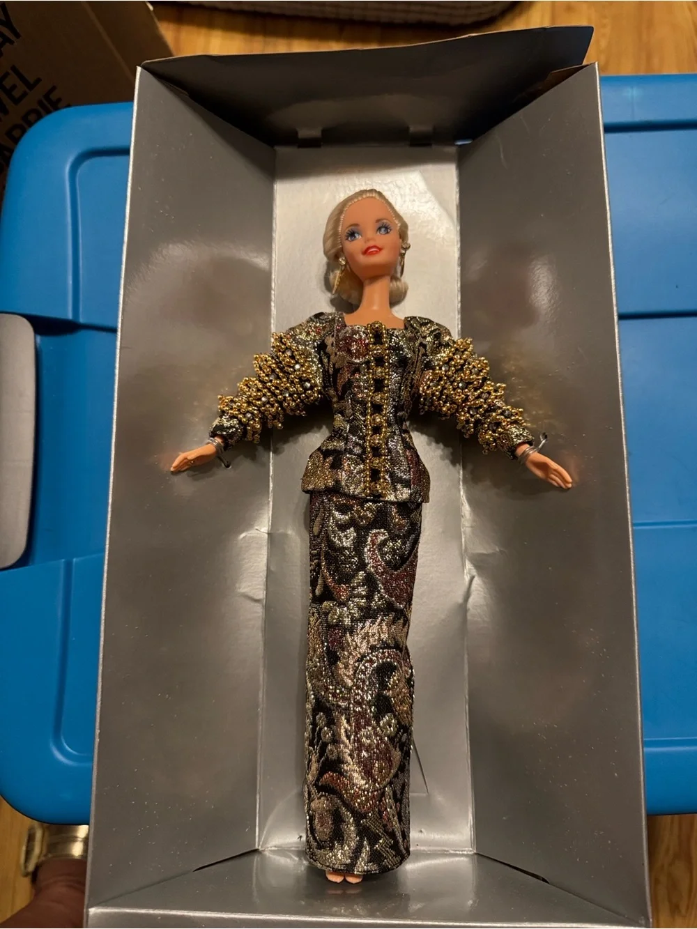 Barbie Black Gold Pink Beaded Sleeve Evening Gown